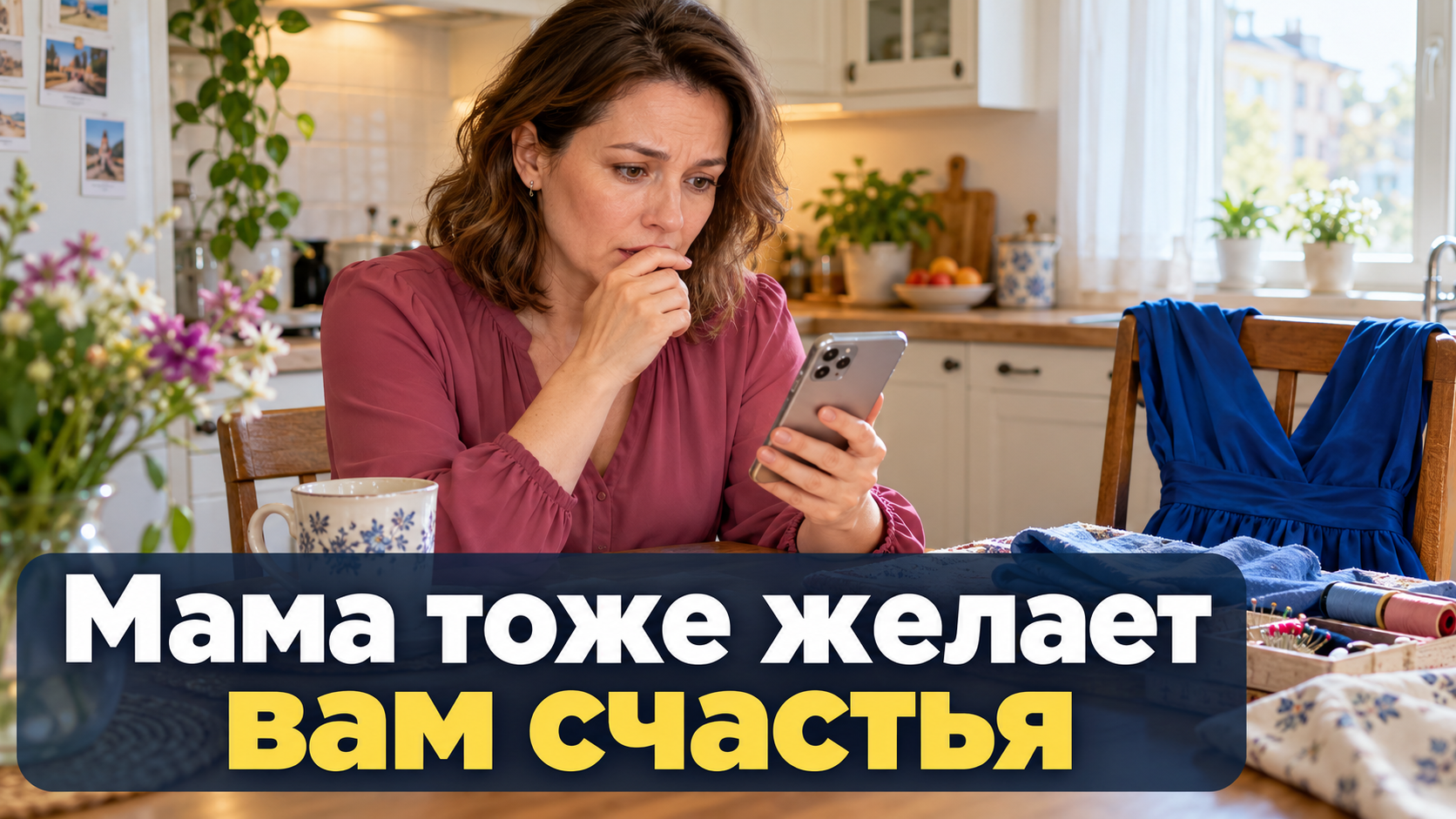 Алла читает свадебную речь на телефоне, рядом синее платье дочери и швейные принадлежности. Надпись: «Мама тоже желает вам счастья».