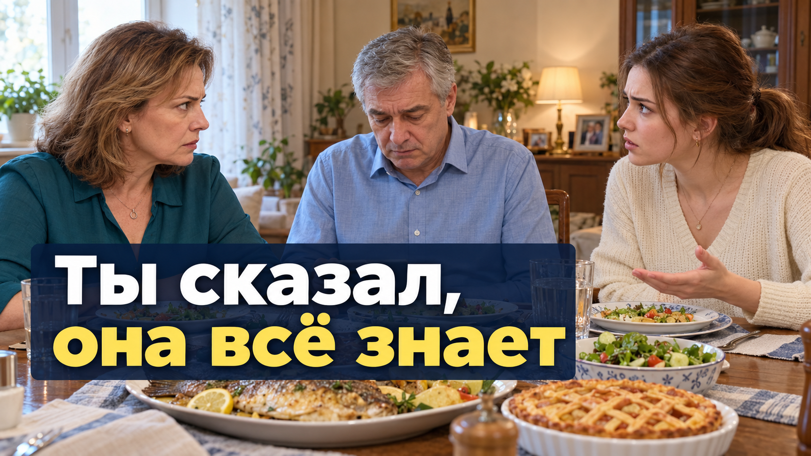 Жена и взрослая дочь смотрят на растерянного мужчину за ужином. Надпись: «Ты сказал, она всё знает».
