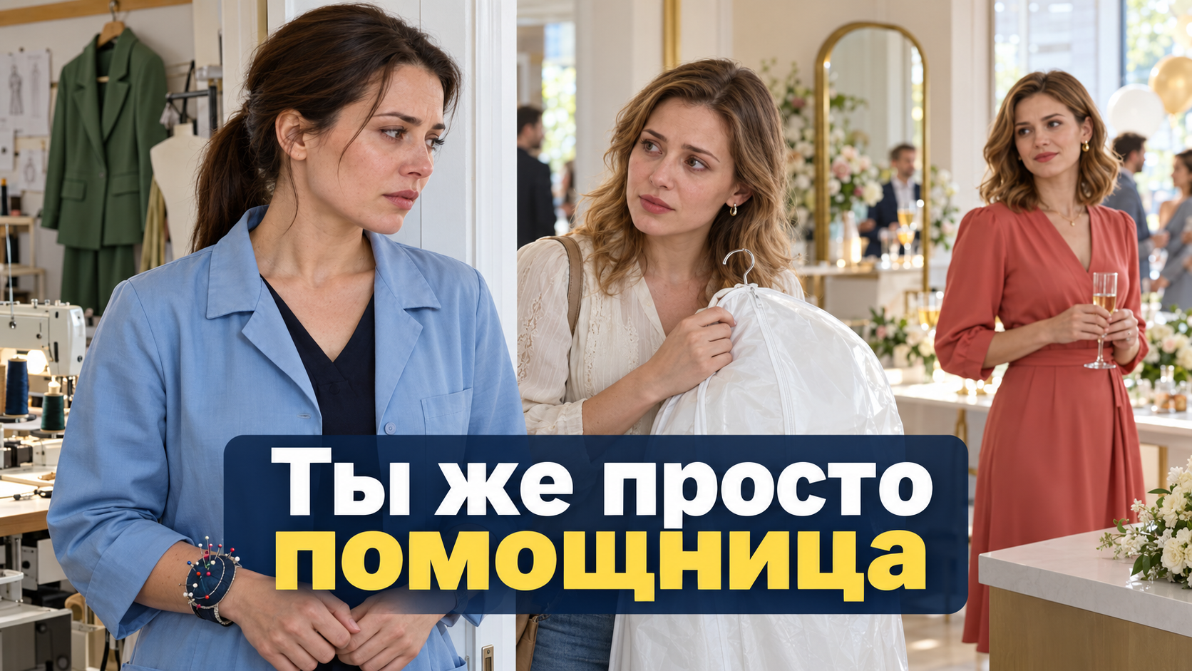 Швея Ольга у двери мастерской, рядом невеста с чехлом для платья, на заднем плане сестра среди гостей. Надпись: «Ты же просто помощница».