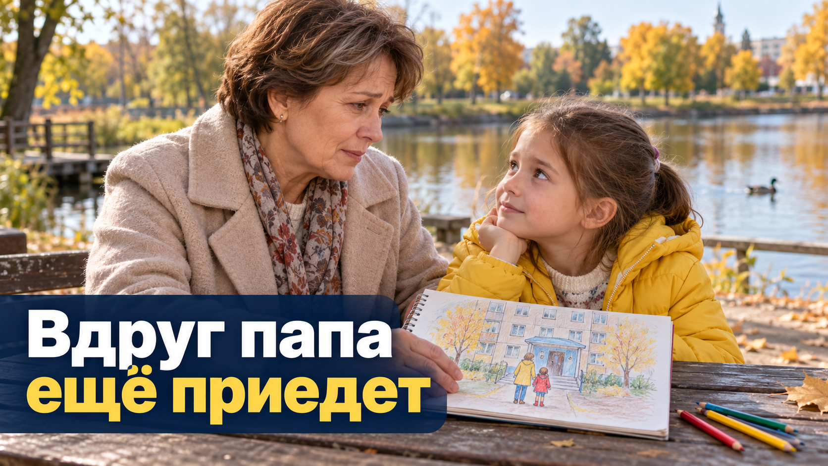 Бабушка слушает внучку за столом у пруда, перед ними альбом с рисунком. Надпись: «Вдруг папа ещё приедет».